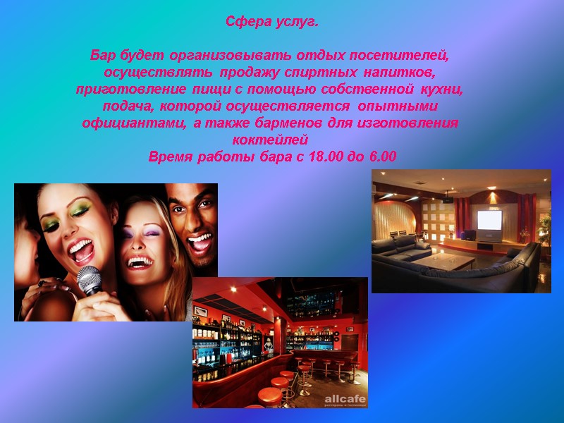 Сфера услуг.  Бар будет организовывать отдых посетителей, осуществлять продажу спиртных напитков, приготовление пищи